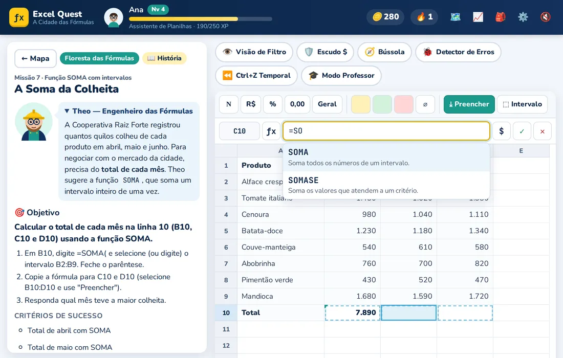 Tela de missão do Excel Quest com a planilha interativa e a sugestão da função SOMA