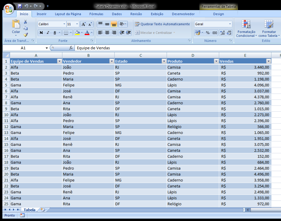 Microsoft Excel Criando Uma Tabela Dinamica On Training