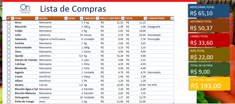 Planilha De Lista De Compras On Training Treinamentos Corporativos